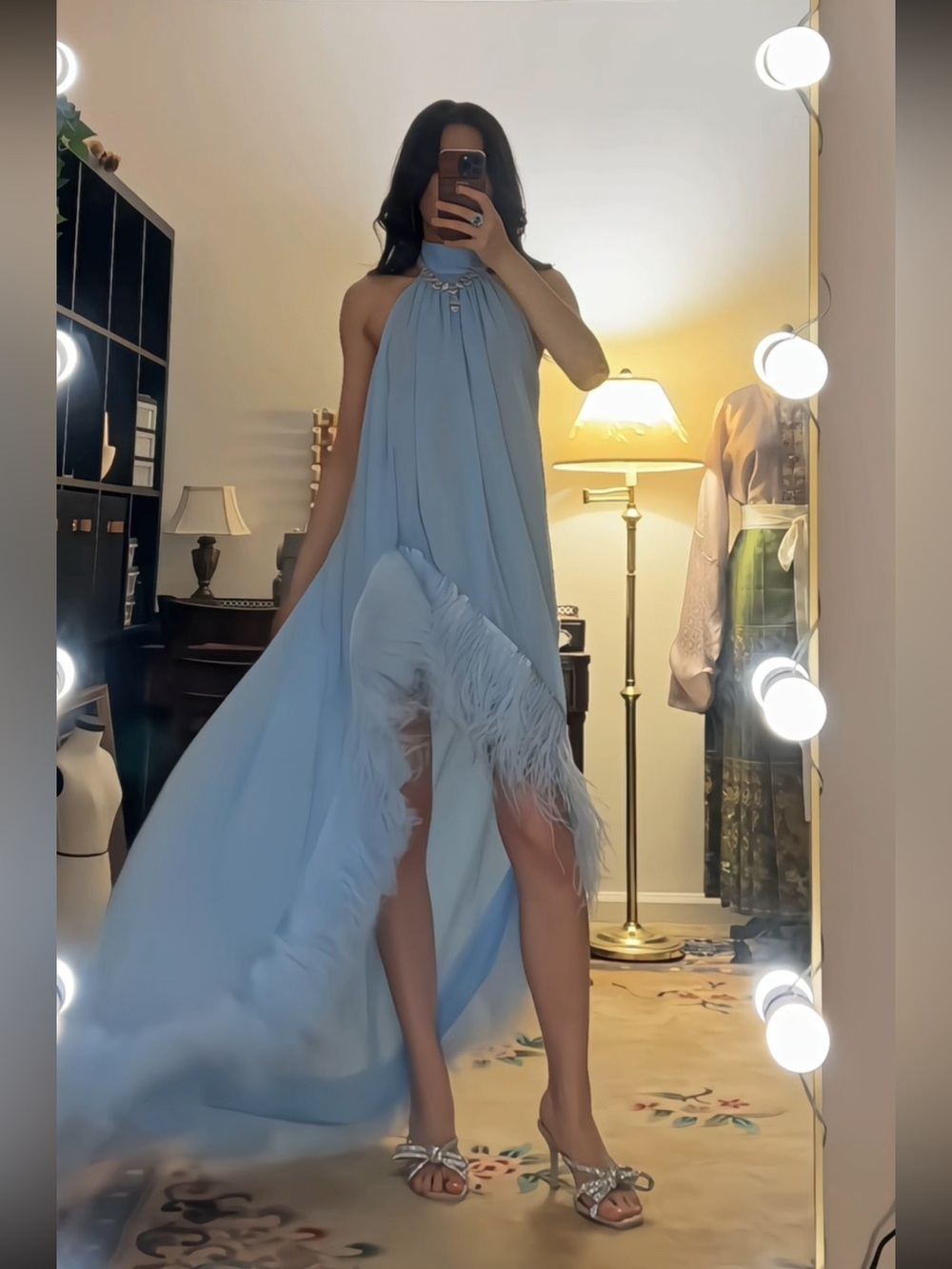 Bronx & Banco Blue Madeline Halter neck Ostrich Feather Backless Gown S NWOT